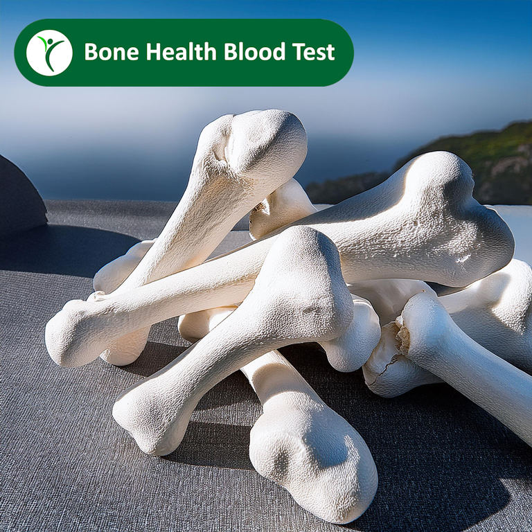 A graphic representing a bone health blood test for calcium and vitamin D levels