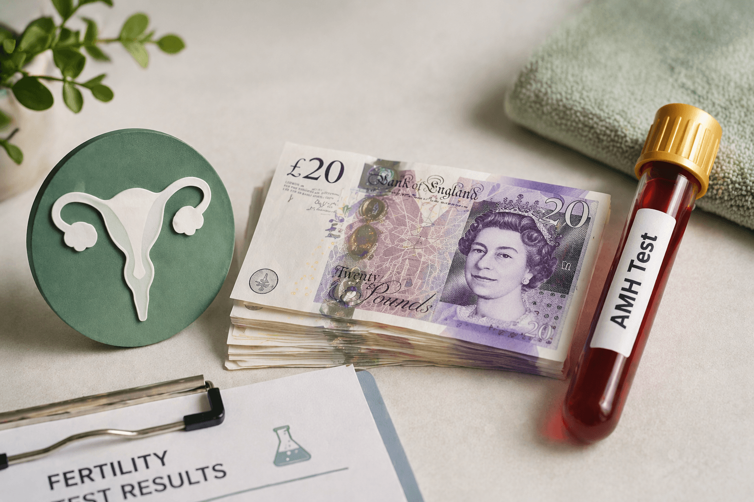 a blood tube with a pile of £20 notes and a fertility symbol