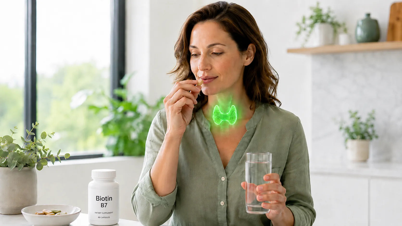 woman taking a biotin supplement with thyroid highlighted