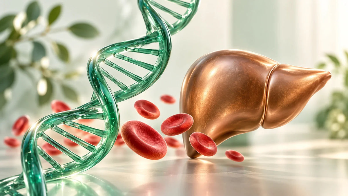 DNA helix, red blood cells and liver illustrating hereditary haemochromatosis and iron overload.