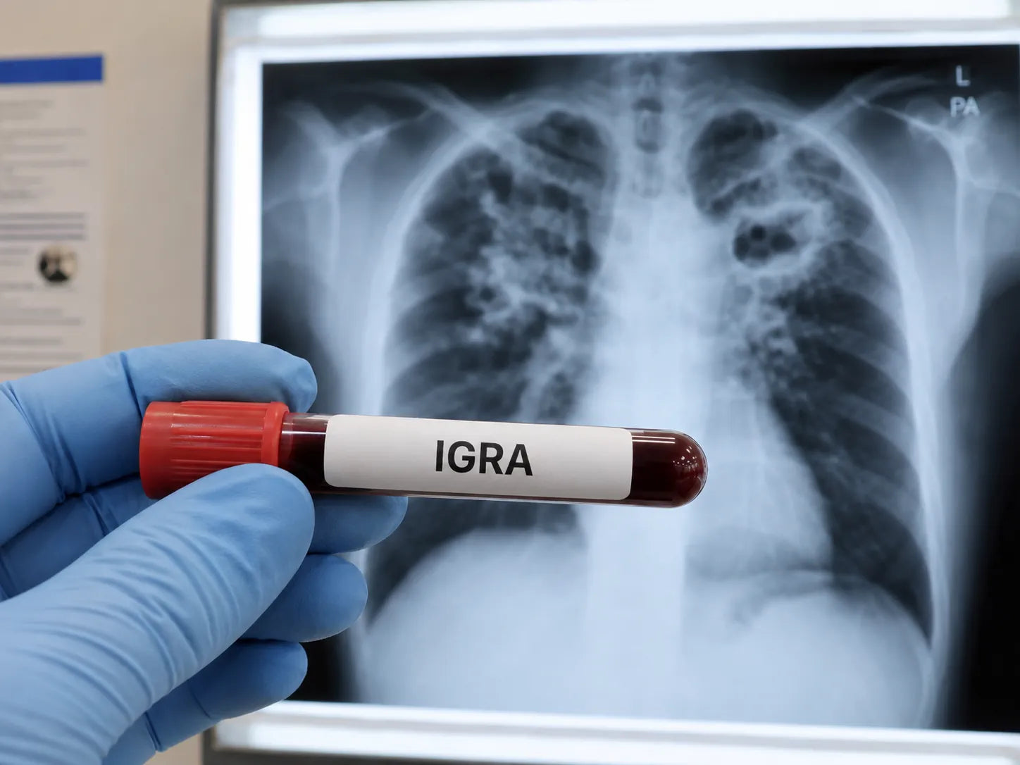 chest x-ray with blood tube saying igra in front