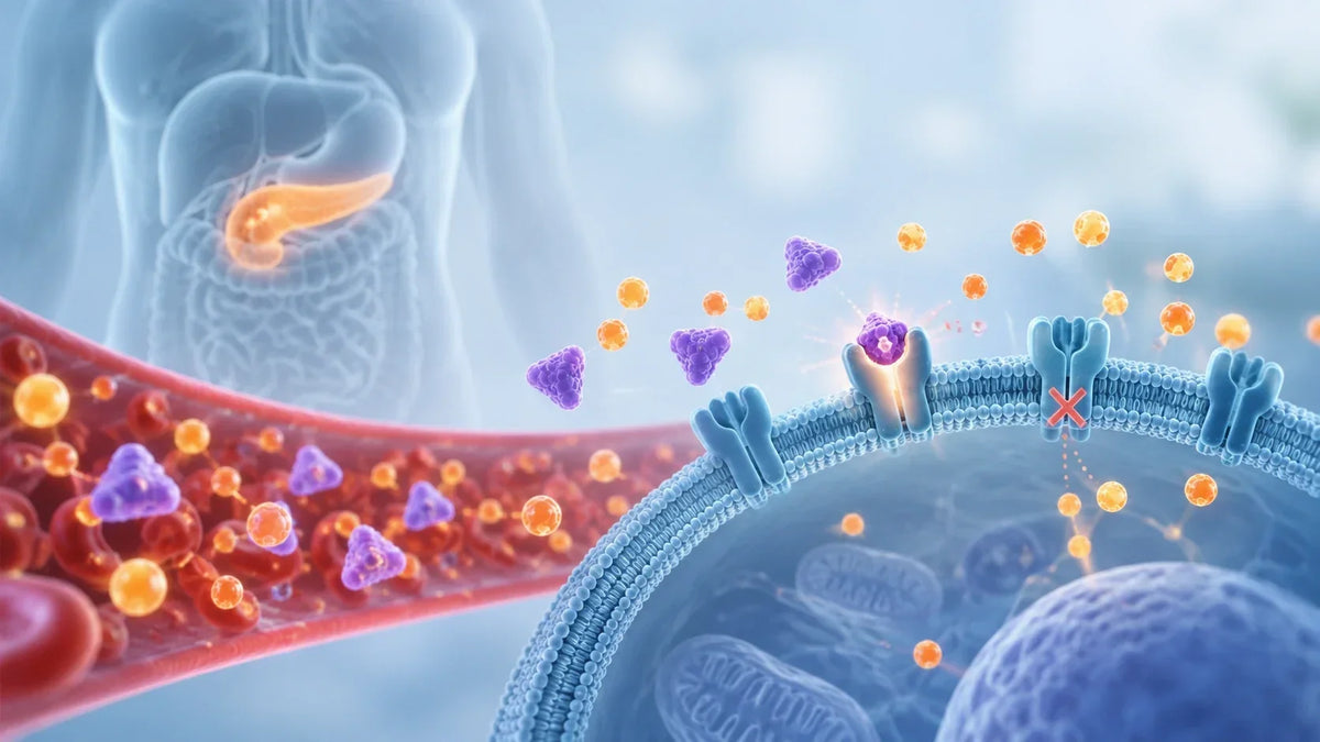 Medical illustration showing insulin and glucose interacting with cell receptors to represent insulin resistance