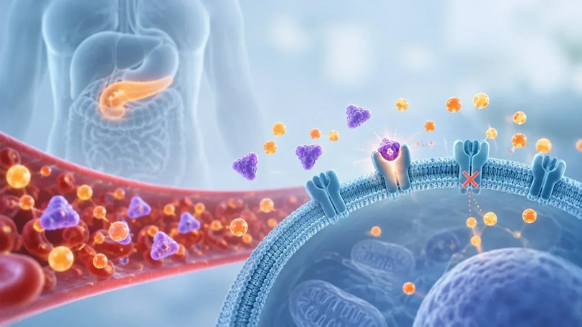 Medical illustration showing insulin and glucose interacting with cell receptors to represent insulin resistance