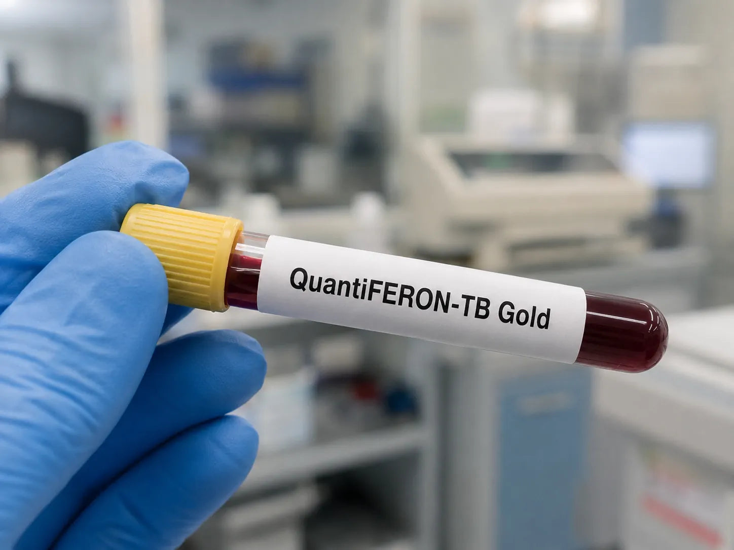 Blood tube with label saying quantiferon-tb gold