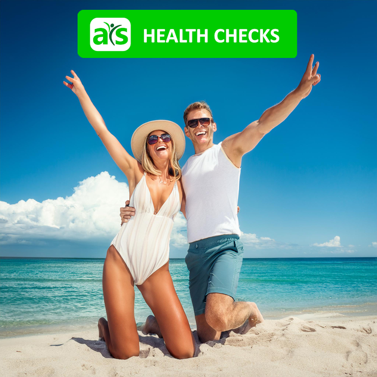 Man and woman on a sandy beach with a blue sky and sun signifying Health Checks