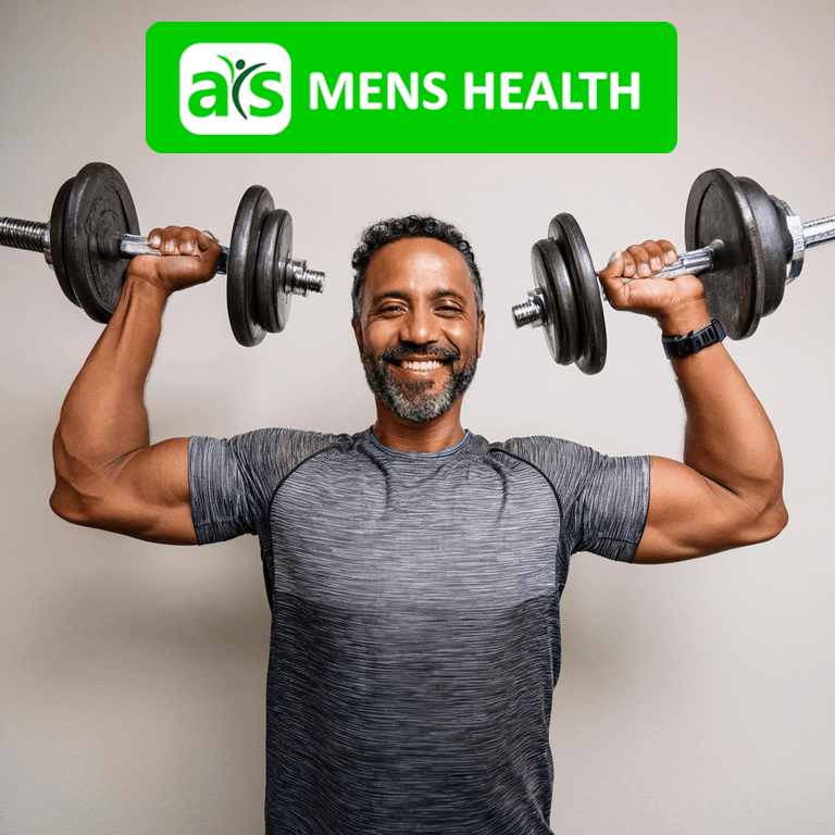 Man lifting dumb bells in both hands above his shoulders