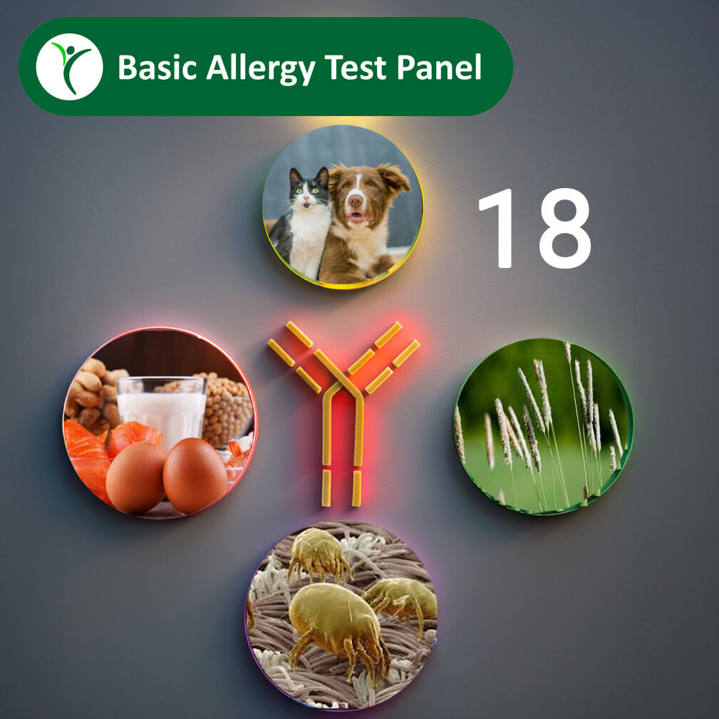 animals, foods, grass and house dust mite around an allergy antibody with the number 18 for number of substances tested.
