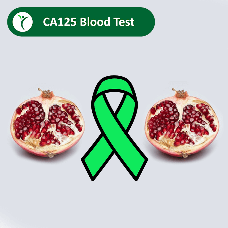 2 half pomegranates representing ovaries with a cancer ribbon to represent ovarian cancer and label for CA125 Blood Test