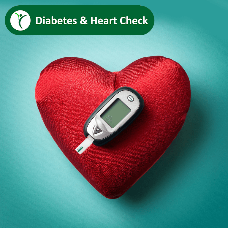 diabetes & heart check depicted by a glucometer resting on a heart cushion