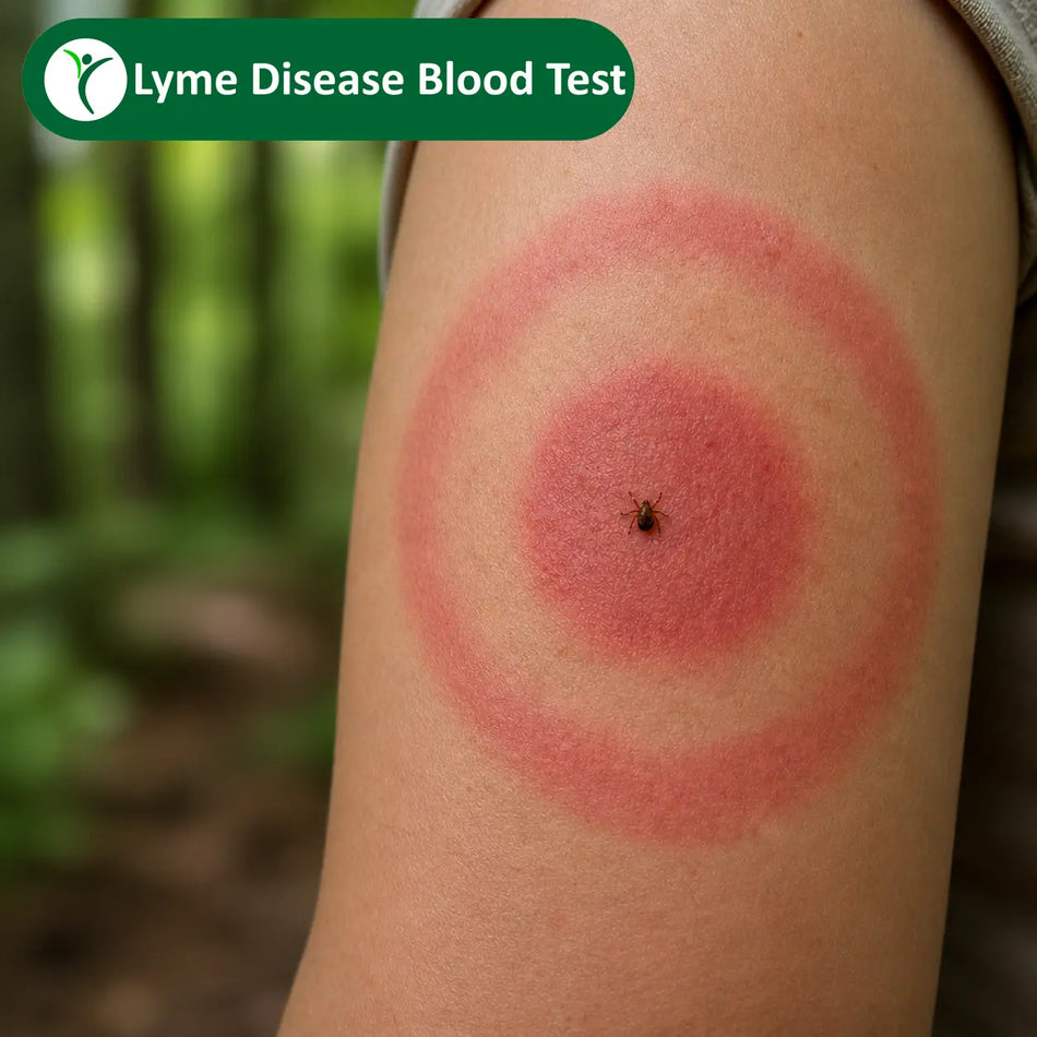 tick bite on bullseye rash with woodland in background