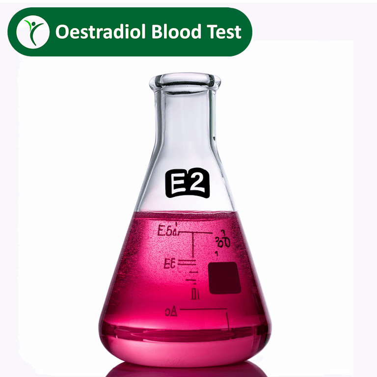 Oestradiol blood test depicted by a pink fluid in a lab flask