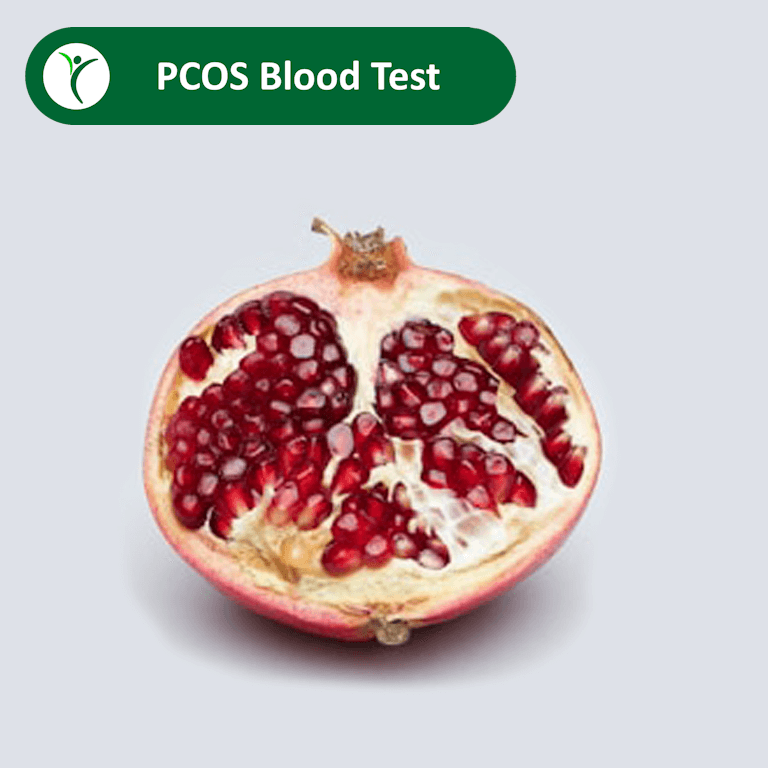 PCOS blood test represented by halved pomegranate