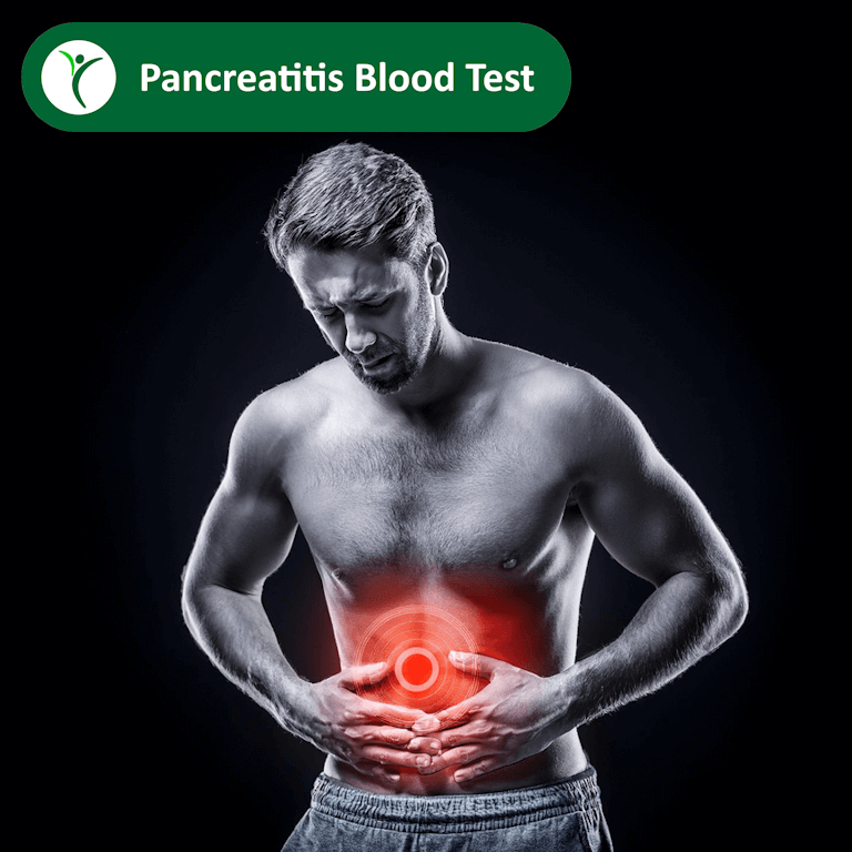 Pancreatitis blood test depicted by man holding his stomach in pain