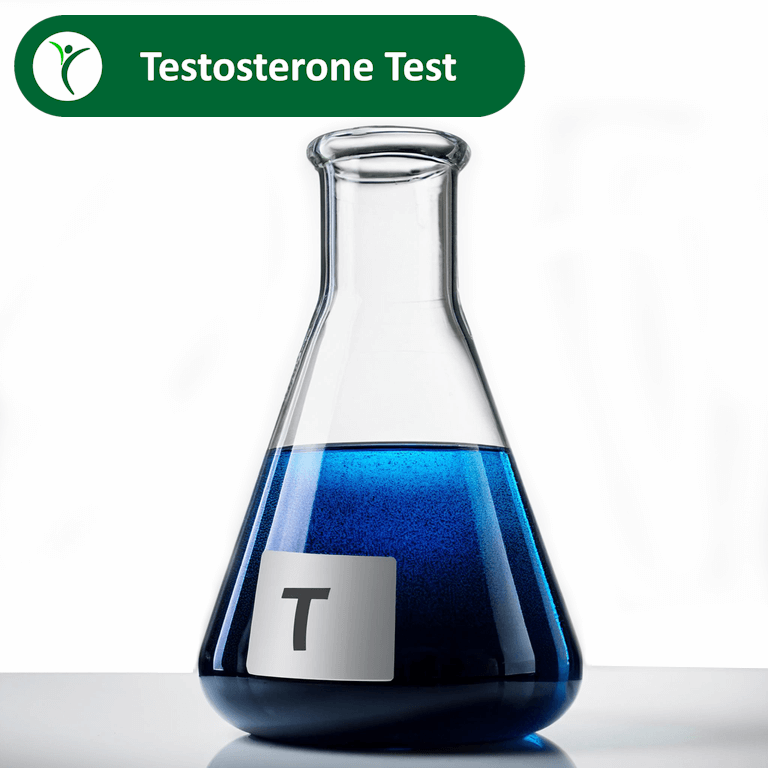 Testosterone test depicted by a dark blue liquid in a lab flask