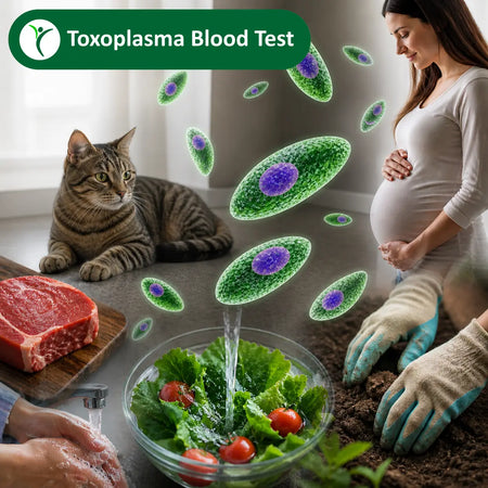 toxoplasma parasite with cat, pregnant woman and uncooked meat
