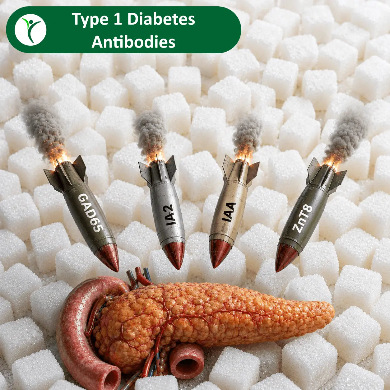 4 antibody missiles raining down on the pancreas with a background of sugar cubes