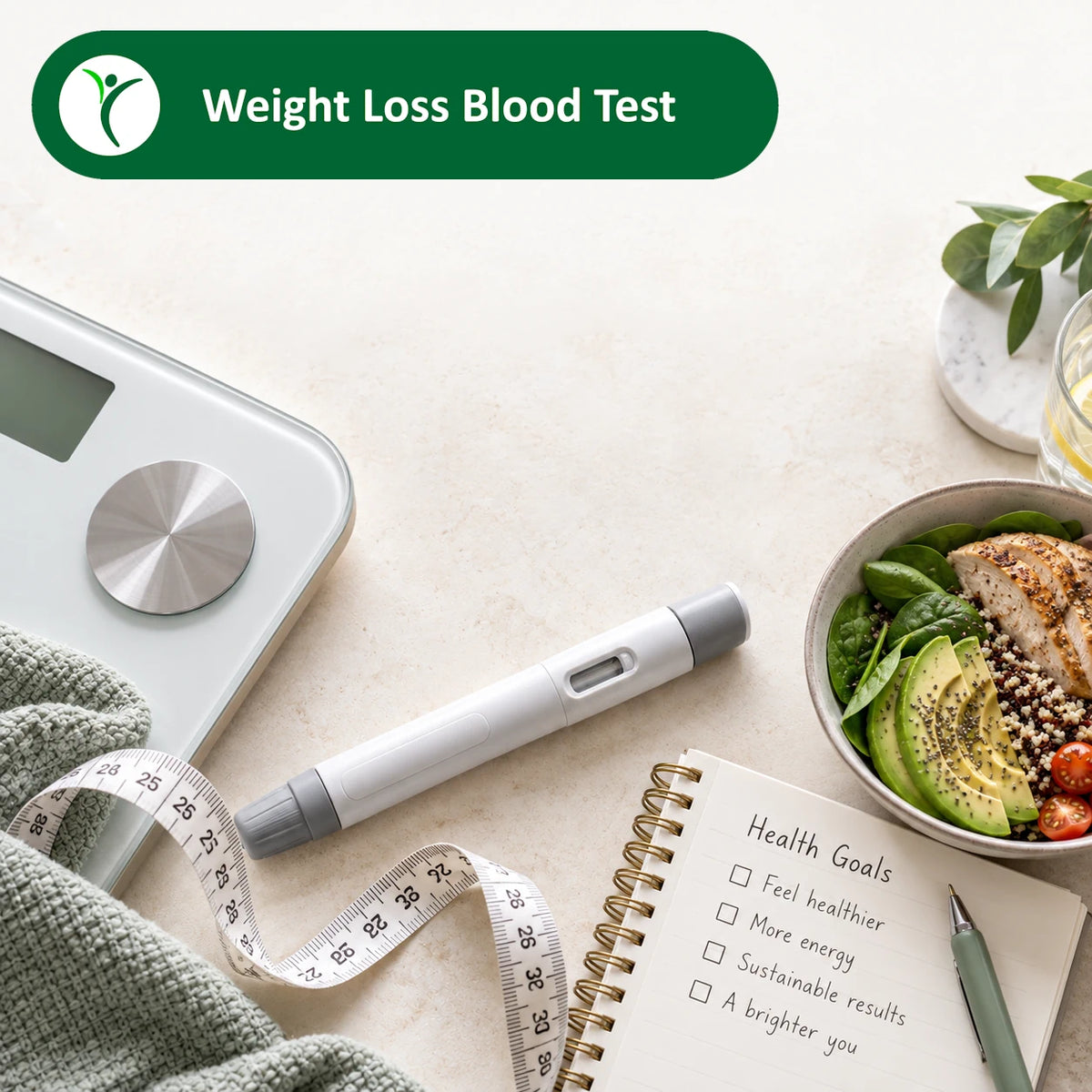 Weight loss injection with weighting machine, healthy bowl, and tape measure.
