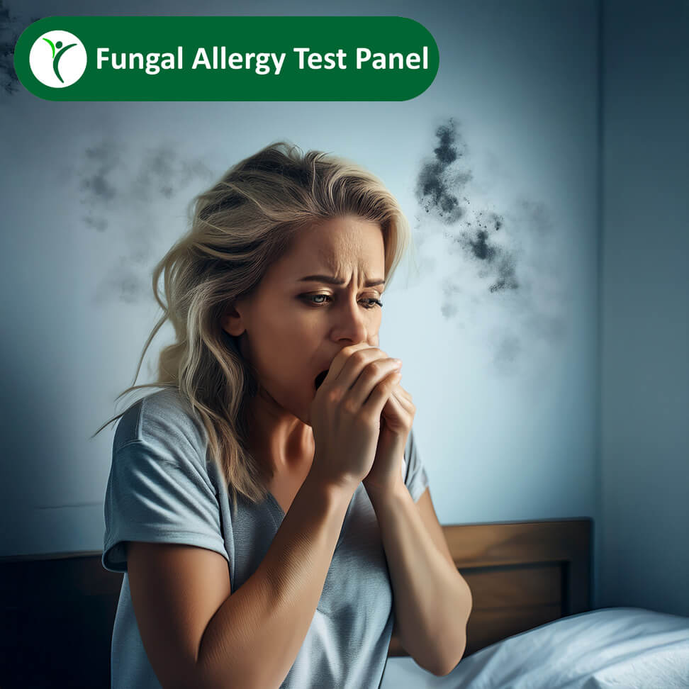 lady coughing with mould growing on wall behind her