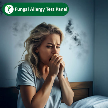 lady coughing with mould growing on wall behind her