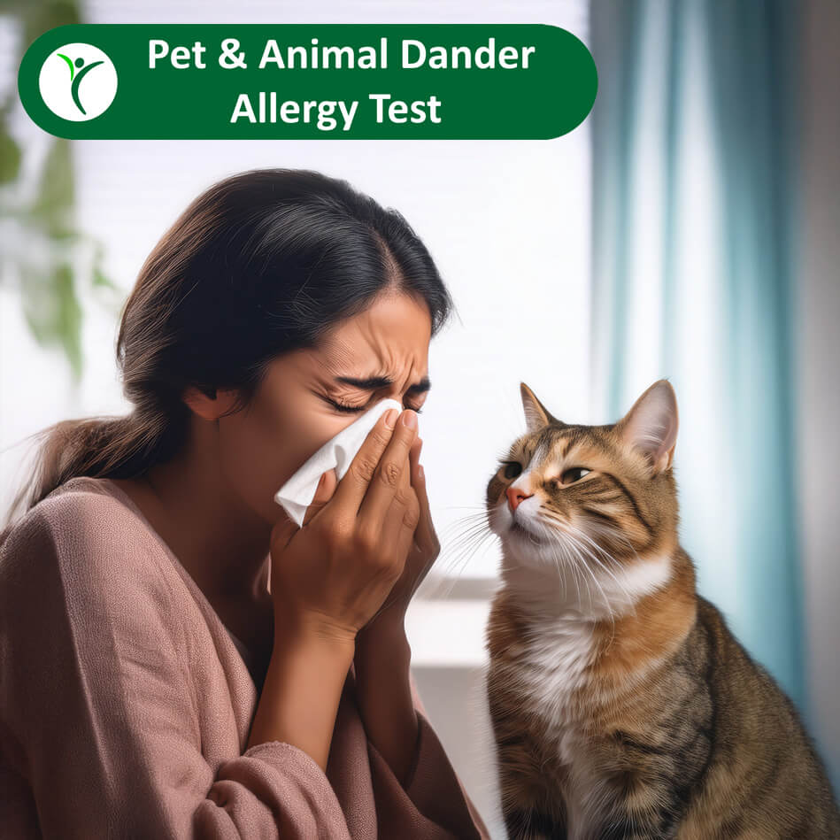 lady sneezing with cat looking at her